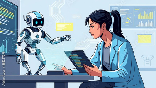 Woman and robot collaborating on coding project in modern office with futuristic ambiance and blue color scheme