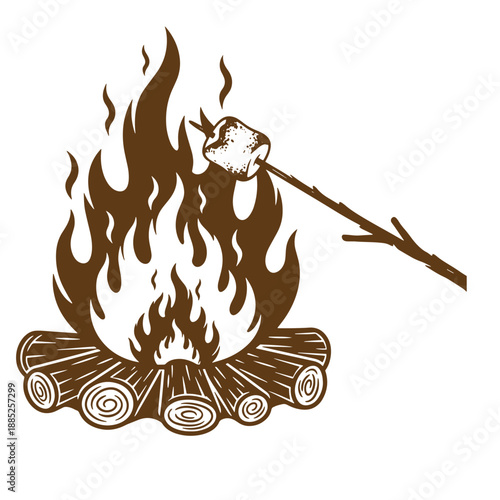 Drawing Vintage grunge  texture Brown campfire with logs burning and a marshmallow on a stick being toasted over the flames isolated on white background