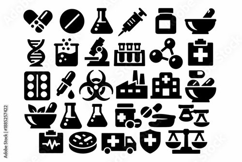 Medical and science icon collection: laboratory tools, pharmaceuticals, dna, and safety symbols