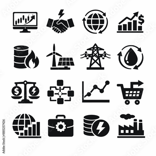 Energy and finance icons: sustainable power, global networks, and economic growth