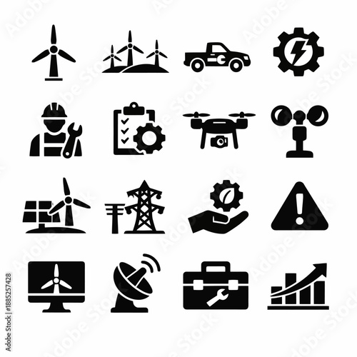 Renewable energy and technology icons set with wind turbines and solar panels