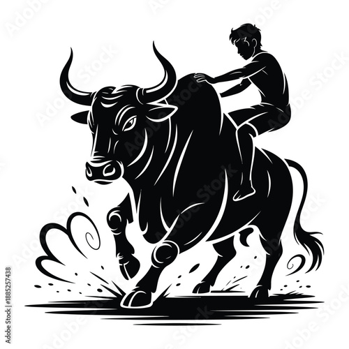 Jallikattu bull taming sport vector illustration with man riding powerful animal black silhouette isolated on transparent background traditional indian festival event action scene art