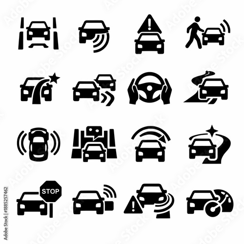 Set of car safety icons illustrating various automotive alerts and features