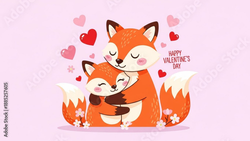 Cute cartoon foxes hugging with hearts on valentine's day pink background affectionate animals