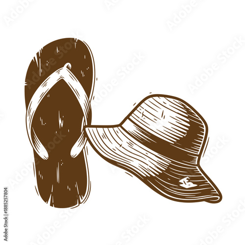 Drawing Vintage grunge  texture Brown flip flop and baseball cap illustration on white background
