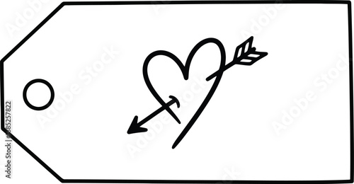 A black and white illustration of a heart pierced by an arrow on a gift tag