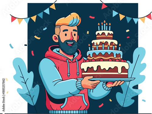 Happy bearded man holding large chocolate birthday cake vector