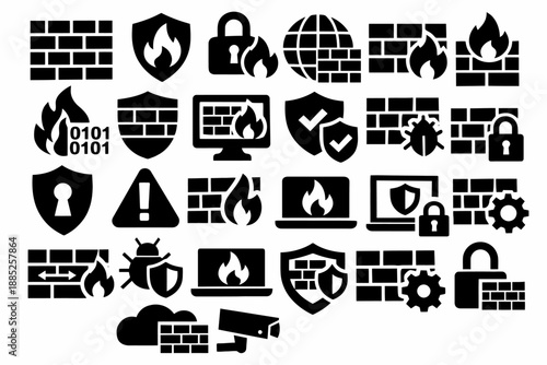 Firewall and security icons: digital protection and safety symbols collection