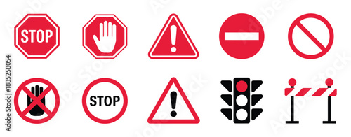 Warning and prohibition signs, showcasing flat vector icons for construction, alert, traffic control, and workplace safety purposes.