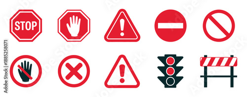 Red warning and prohibition signs, featuring stop, hand, danger, no entry, traffic light, and barrier icons in flat vector style for safety and traffic applications.