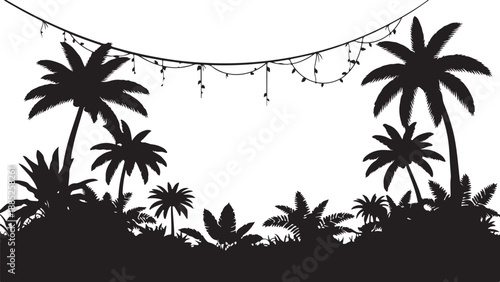 A black silhouette of palm trees and string lights against a white background