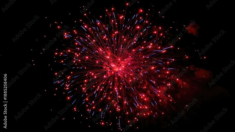 Fototapeta premium A large red and blue firework explodes in the dark night sky. Concept Fireworks, Night Sky, Red and Blue Explosions, Light Trails, Celebration