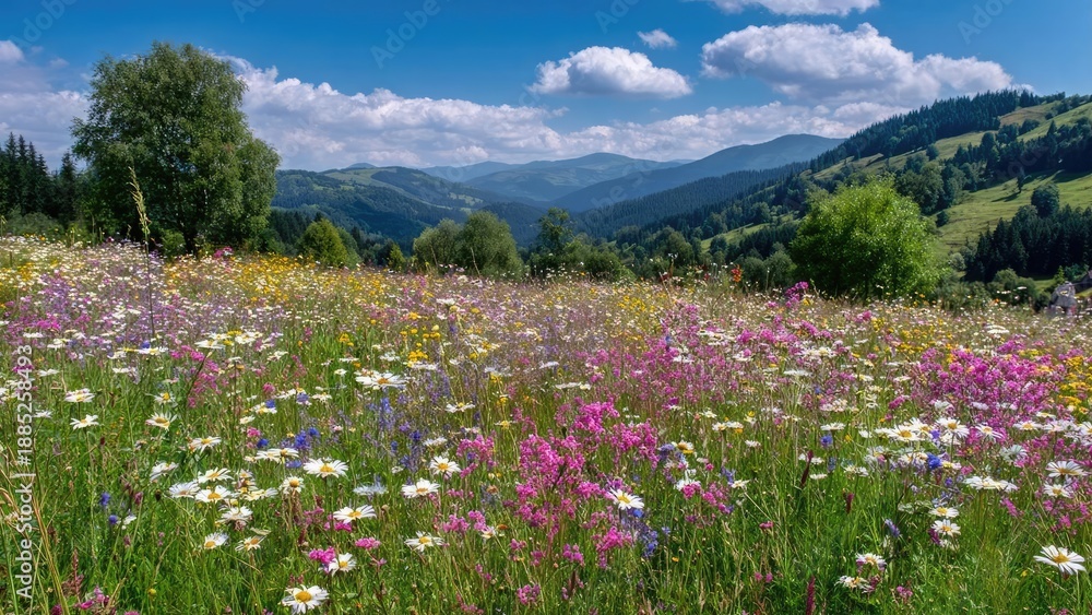 Fototapeta premium Colorful wildflower meadow with white daisies, pink and purple blooms, green hills and distant mountains under a blue sky. Concept Wildflower Meadow Shoot, Daisies and Colorful Blooms