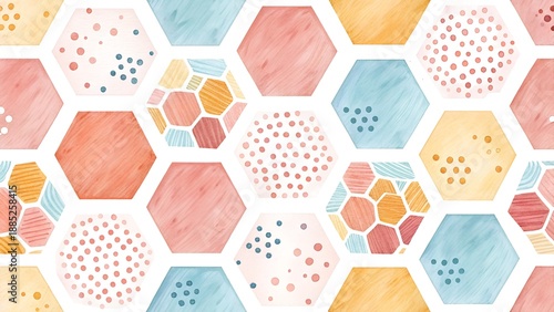A colorful and vibrant hexagonal pattern with various shapes and designs