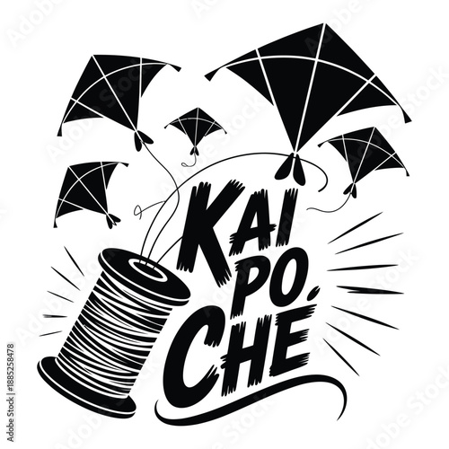 Kai po che kite flying typography vector illustration with spool and multiple kites in sky black silhouette isolated on transparent background celebration text for indian festival art