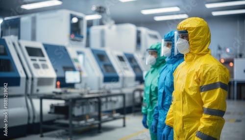 Engineers in Protective Suits Working Inside Semiconductor Cleanroom Facility