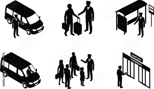 Airport shuttle transportation service silhouettes with driver greeting travelers, loading luggage, bus stop pickup, family passengers and terminal arrival, travel concept