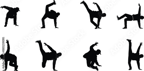 Breakdancer silhouettes performing dynamic hip hop moves, acrobatic street dance poses, energetic urban choreography and freestyle action, isolated collection