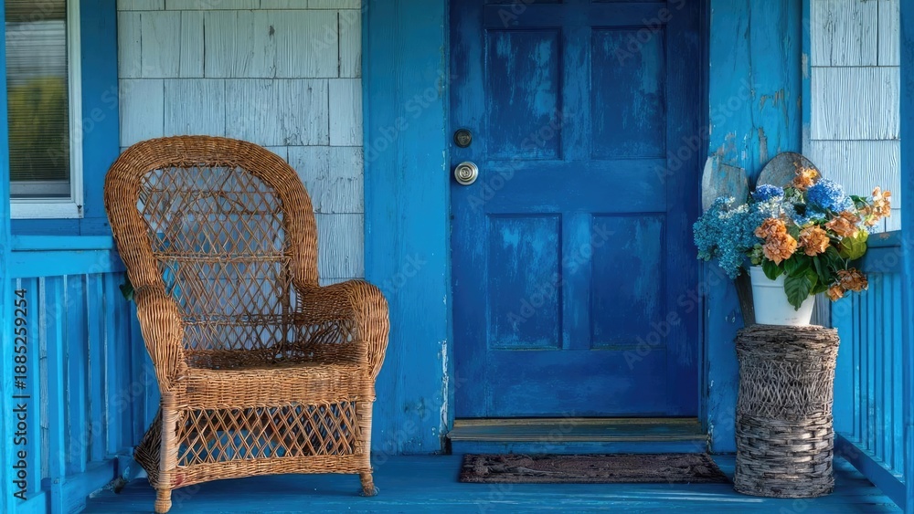 Fototapeta premium Blue front porch with a wicker chair and a white bucket of blue hydrangeas with orange flowers on a woven stand beside a weathered blue door Concept Blue Front Porch, Wicker Chair