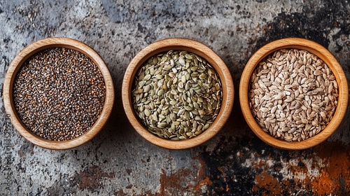 Chia, pumpkin, flax seeds in bowls on rustic surface