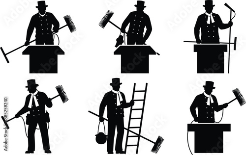 Chimney sweep worker cleaning chimneys with brush, ladder, tools and soot equipment in vintage silhouette style for home maintenance illustrations