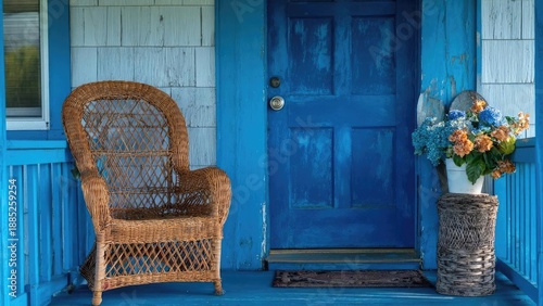 Blue front porch with a wicker chair and a white bucket of blue hydrangeas with orange flowers on a woven stand beside a weathered blue door Concept Blue Front Porch, Wicker Chair