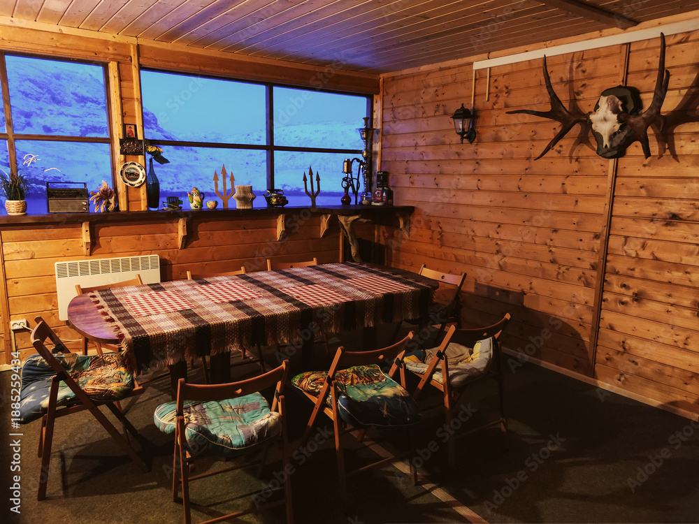 Fototapeta premium hunting house. country style interior in hunter chalet with fireplace