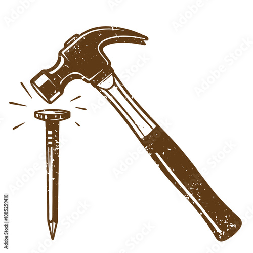 Drawing Vintage grunge  texture Brown hammer hitting nail illustration with brown handle and white background