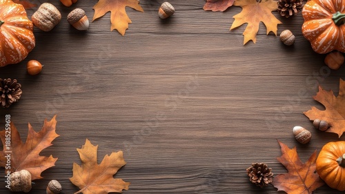 Rustic table with autumnal frame made of leaves and pumpkins.