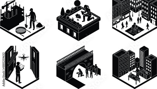 Isometric city silhouettes showing construction, rooftop gardening, public spaces, urban planning, drone surveying, infrastructure maintenance and architectural design concepts