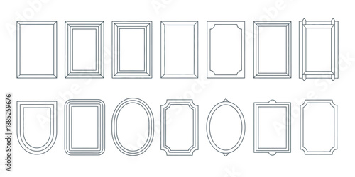 Set of simple line frames with double stroke, showcasing clean editable vector borders, versatile line thickness, and blank vertical templates for invitations and design projects.