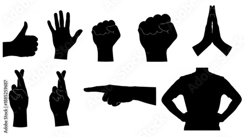 Collection of Black Hand Gestures Silhouettes Isolated on White Background.