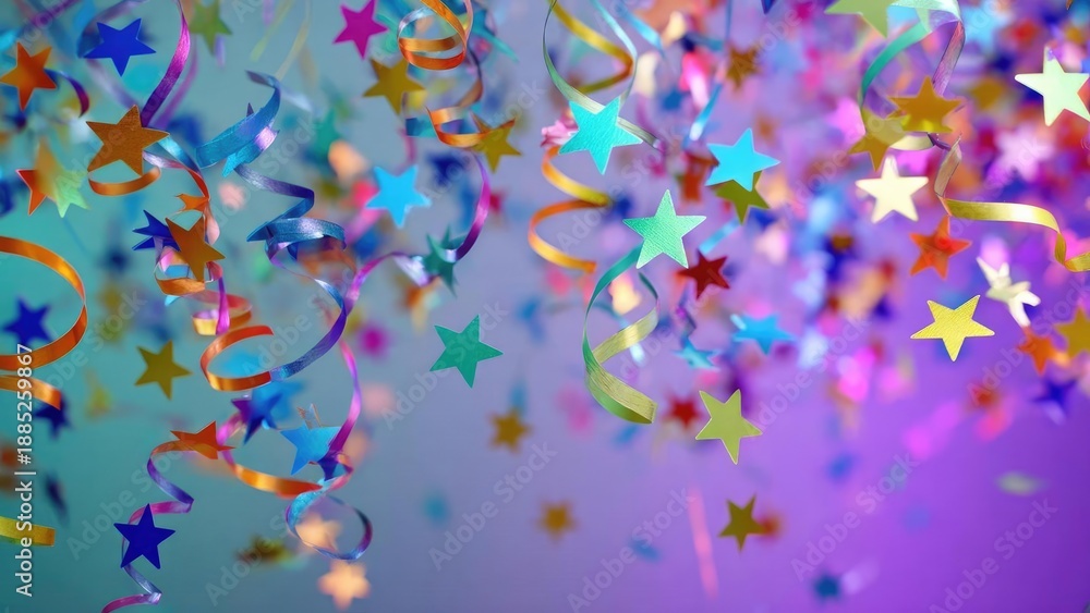 Obraz premium Colorful star-shaped confetti and curling ribbons swirl in a festive party scene. Concept Festive party scene with confetti and curled ribbons, Colorful star-shaped confetti in motion