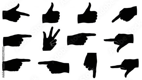 Collection of Black Hand Gestures Silhouettes Pointing and Thumbs Up.
