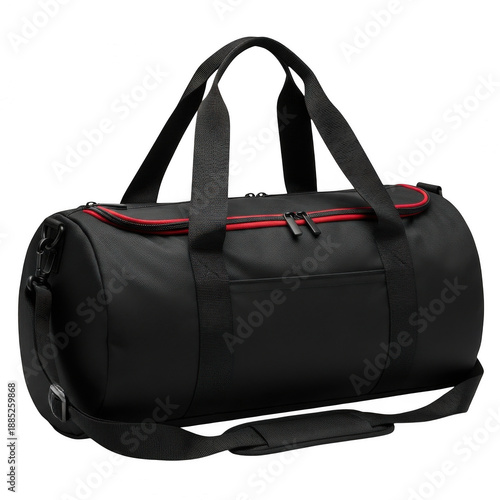 Black gym duffel bag with red trim isolated on transparent background