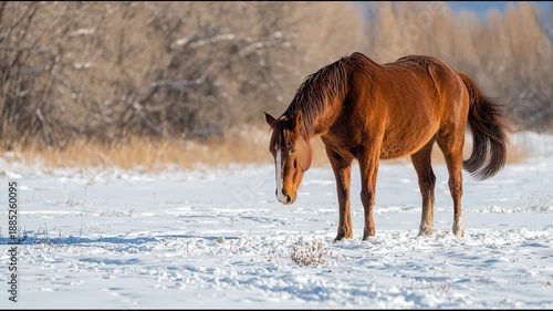 Brown Horse Grazing in Snowy Field Cinematic Shot Winter Nature Wildlife