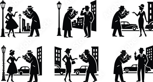 Retro street photographer capturing stylish people with vintage camera in classic city scene featuring old cars, lamp posts and elegant fashion