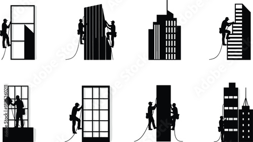 Rope access window cleaners working on high rise buildings using safety harnesses for exterior glass cleaning, facade maintenance and skyscraper service