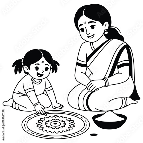 Mother and daughter happily creating kolam Rangoli together on floor, showing cultural tradition and bonding, educational activity for kids.
