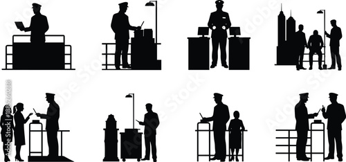 Security guards checking IDs, controlling building access and screening visitors at checkpoints and entry gates for safety, authorization and facility protection