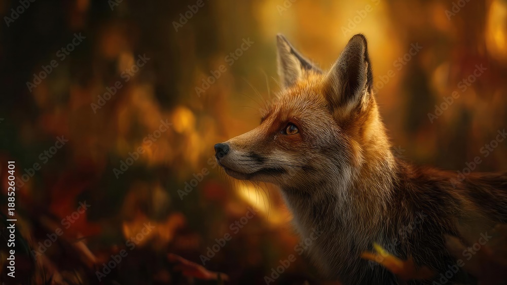 Fototapeta premium A red fox in a warm golden autumn forest, gazing to the left. Concept Red fox, Golden autumn forest, Golden light, Gazing left, Wildlife portrait