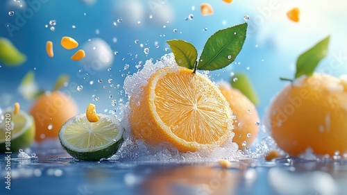 Anthropomorphic citrus fruits playfully interacting, whimsical scene.