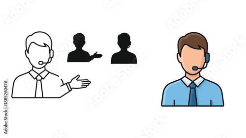 Customer service agent icons set outline, silhouette and full color illustrations of support staff with headsets