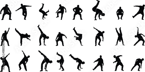 Silhouette breakdance performer doing dynamic street dance moves, flips, freezes, acrobatics and energetic hip hop choreography in multiple action poses collection