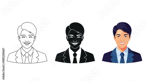 Set of three businessman avatars outline sketch, silhouette and full color illustration of smiling male professional in suit and tie