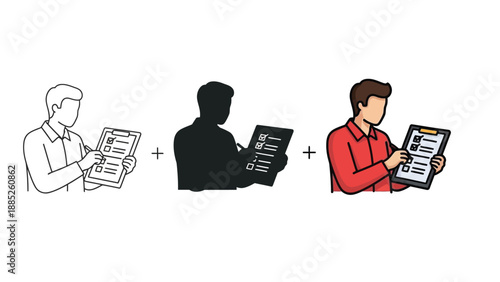 Illustration showing three styles of a man holding a clipboard with a checklist line art, silhouette and full color cartoon character