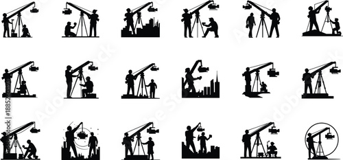 Silhouette cinematographers operating camera crane jib outdoors, filmmaking crew setting up professional film equipment with city skyline background, movie production training scene