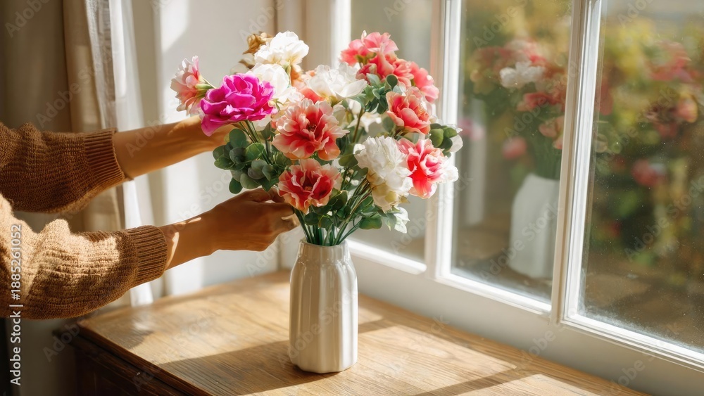 Fototapeta premium A person arranges pink, peach and white carnations in a white vase on a wooden table by a sunlit window. Concept Floral arrangement, Soft sunlit still life, Pink peach white carnations