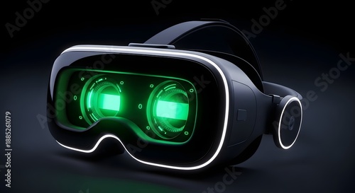 Virtual Reality Headset with Glowing Green Lenses.