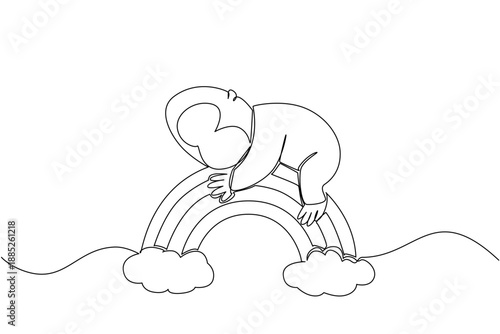 Peaceful illustration of a cute sleepy baby gorilla napping comfortably on a rainbow arch between two clouds in single line drawing style for a nature concept. Perfect for nursery decor and poster
